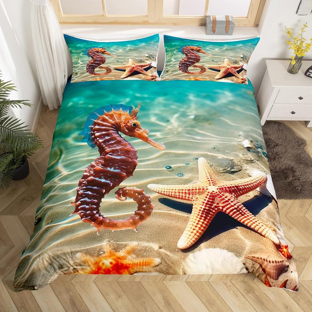 Seahorse Duvet Cover Sets For Kids Teens Queen Lightweight Bedding Sets Ocean Animal Bedspread Covers Bedroom Decor No Comforter