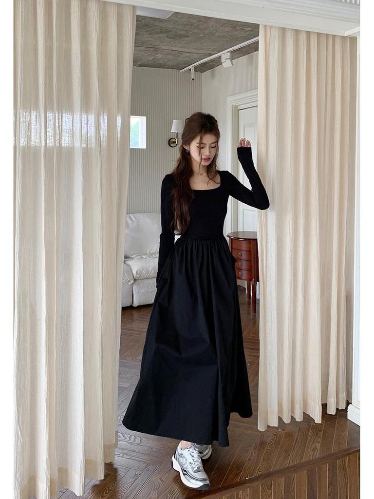 Spring 2026 Women's Square Neck Long Sleeve Slimming Knit Dress