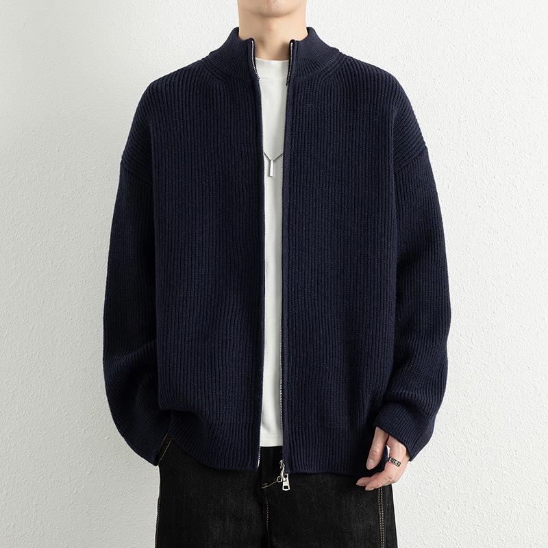 

Men s Heavyweight Gray Knit Cardigan Sweater Coat with Stand Collar and Double Zipper M темно-синього кольору