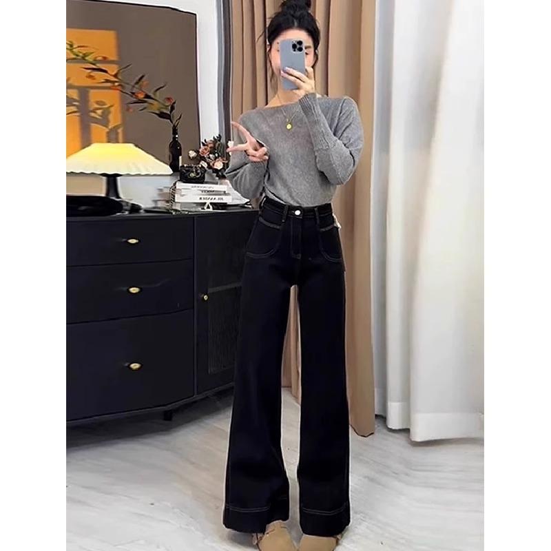 

Женские черные джинсы микроклеш с высокой посадкой на весну/осень - Слим, свободный крой, для фигуры типа груша , прямые широкие штанины XL чёрный