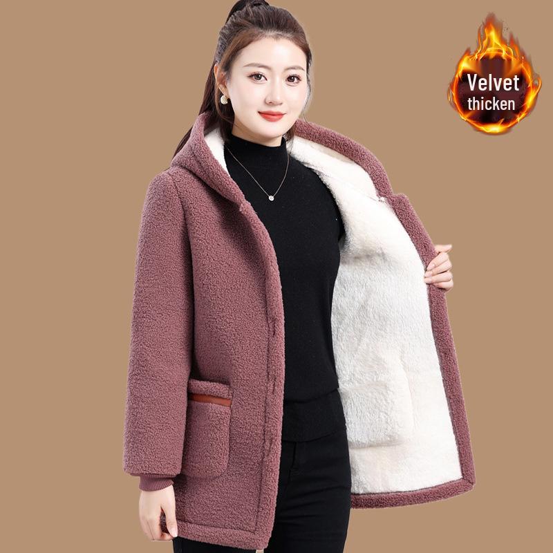 

Зимняя одежда для мамы Флисовое пальто с капюшоном из овечьей шерсти на подкладке для женщин среднего и пожилого возраста XL for 90-105 lbs розовый