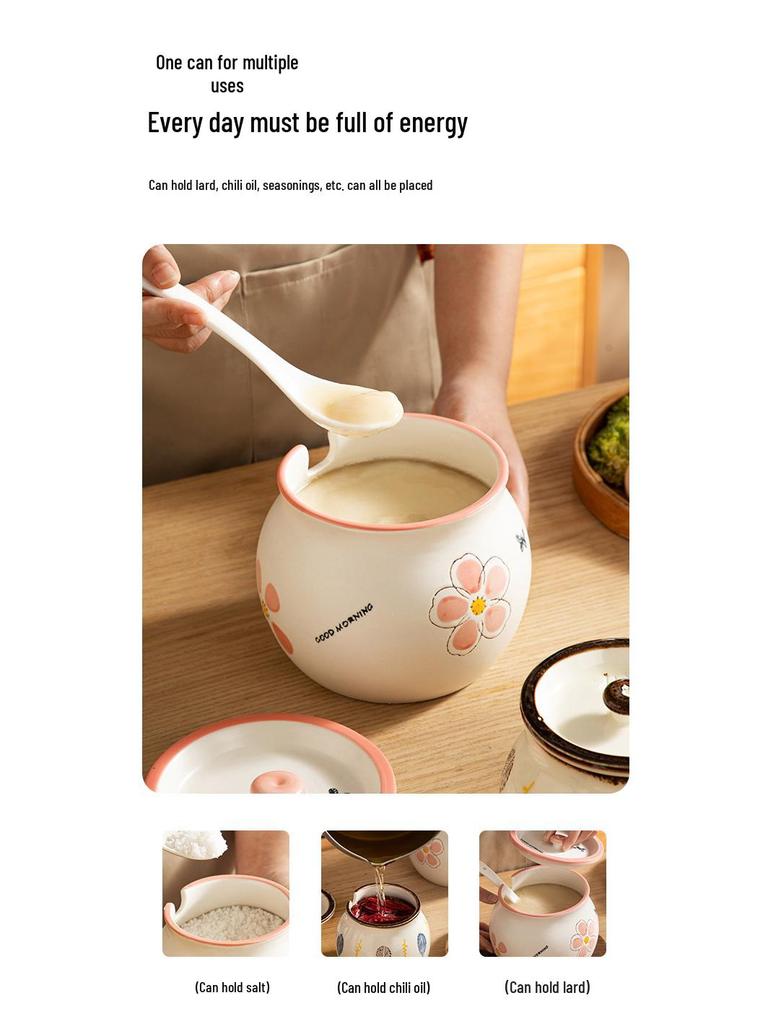 Japanese Ceramic Seasoning Jar with Lid and Spoon - Cute, High-Temperature Resistant Storage for Your Kitchen