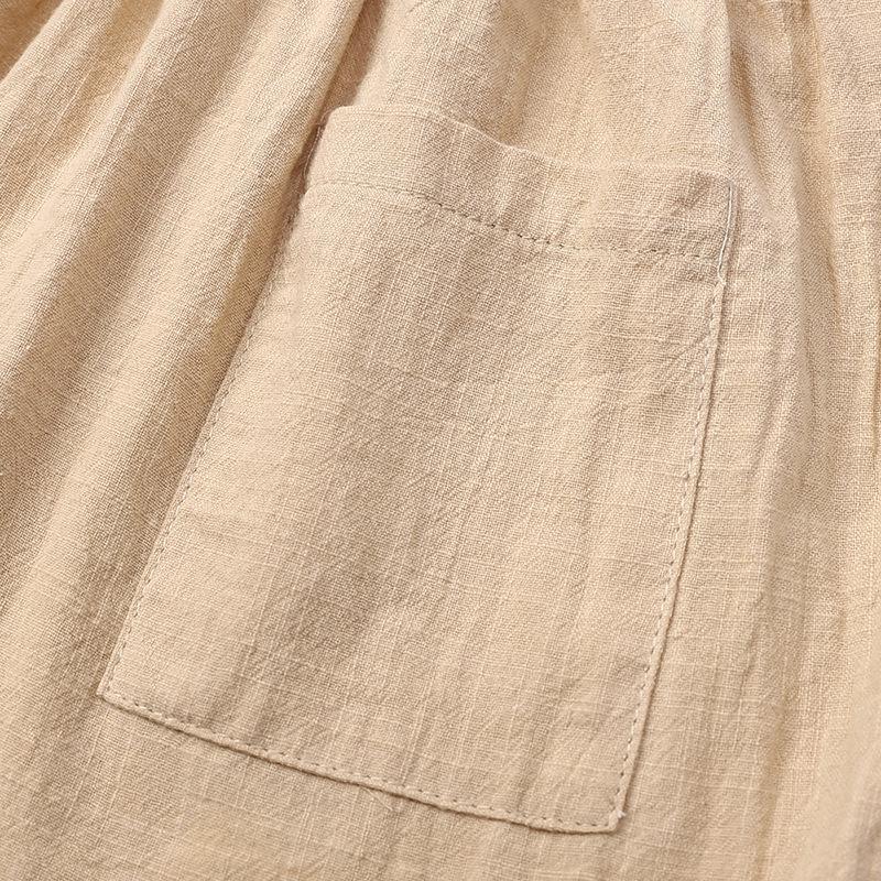 Girls' Summer Solid Color Cotton-Linen Dress With 2 Side Pockets And Tie Straps Children'S Strap Dress