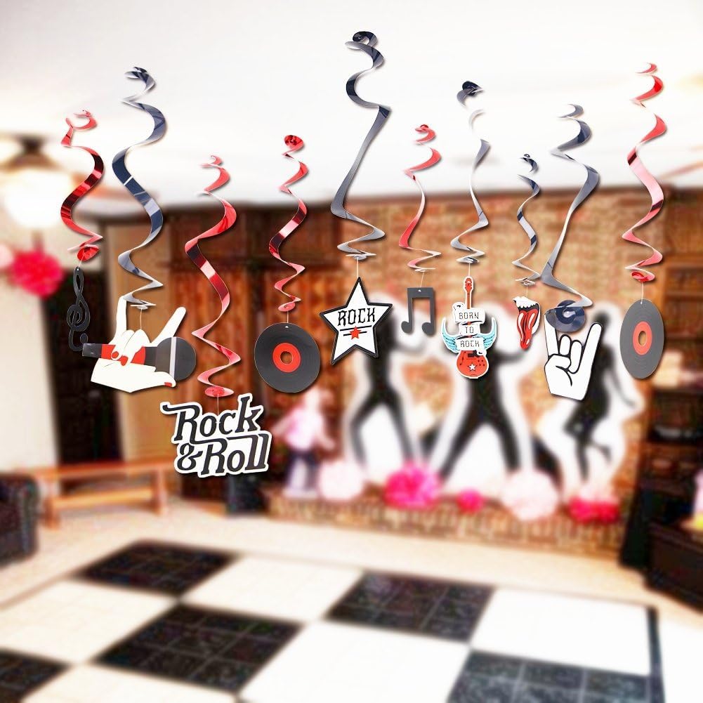 Easy Joy 10 PCS Rock and Roll Party Decorations Hanging Swirl Decorations Guitar Record Sign Rock Star Hanging Swirls Ceiling Party Decor for 50's