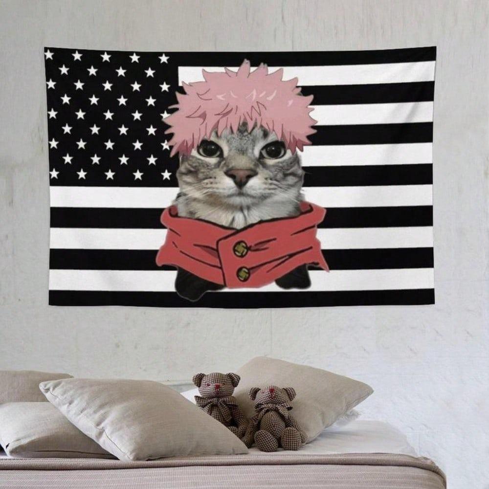 Itadori Yuji Cat Meme Tapestry Funny Anime Cat Print Black White American Flag Style Wall Hanging for Otaku Bedroom