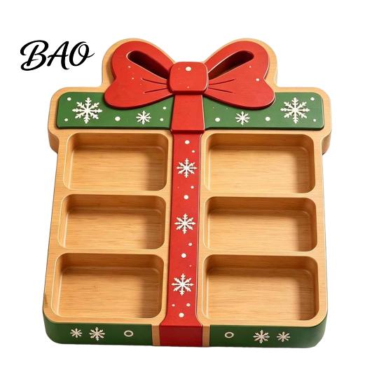 Creative Holiday Gifts for Friends Christmas Tree Serving Platter, Wooden Snack Tray Parties, Multi-Compartment Food Display Elk Design Dessert Plate