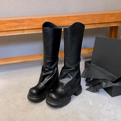 Women's Soft Leather Knee-High Ruched Boots with Thick Sole - 2024 Autumn/Winter