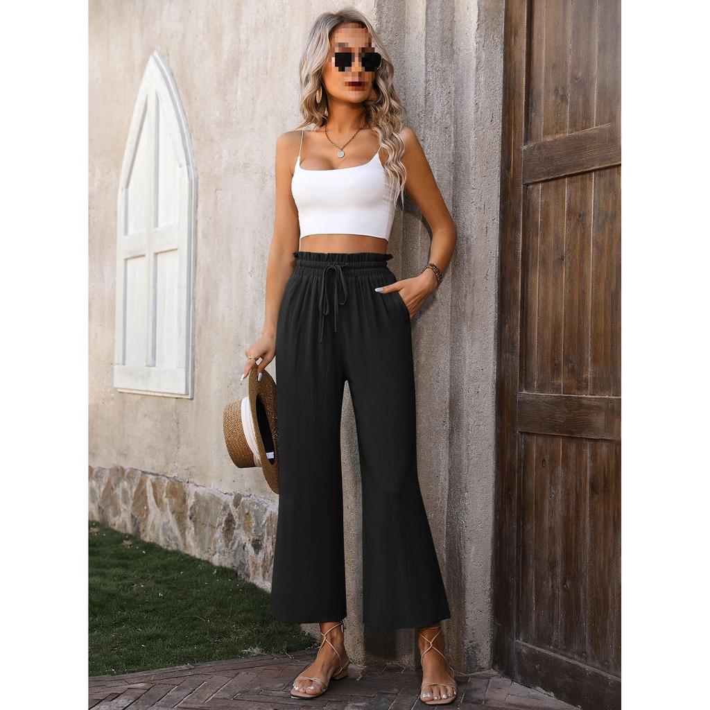 New Women's Solid Color Cotton Linen Wide Leg Pants, High Waist Elastic Drawstring Casual Trousers for Spring Summer