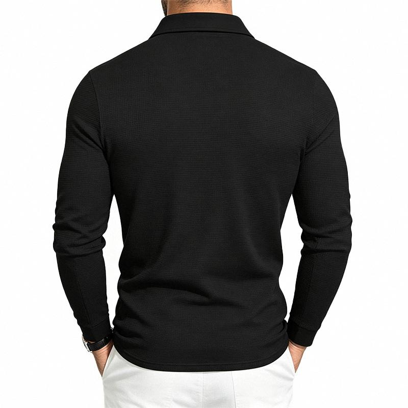 Men S Vintage Casual Waffle Knit Long Sleeve Polo Shirt
