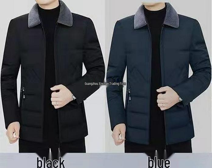 Men's Middle-Aged Warm Down Jacket with Detachable Fur Collar and Fleece Lining