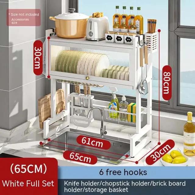 Kitchen Sink Cabinet Door Rack Countertop Sink Shelf with Door Dust-Proof Cutlery Cutting Board Drain Rack Bowl Plate Organizer
