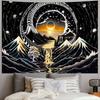 Black Gold Mountain Waterfall Tapestry Wall Hanging Celestial Sun Eclipse Moon Stars Aesthetic Wall Art Bedroom Decor