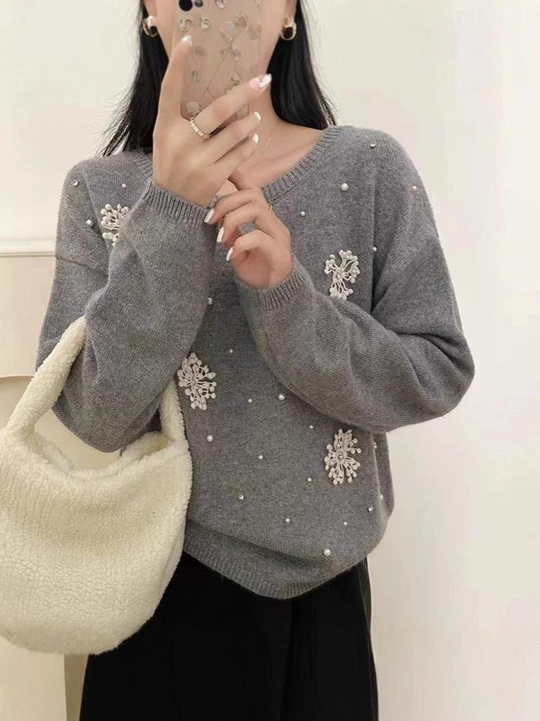 Women's Round Neck Beaded Knit Sweater - Loose Fit, Autumn/Winter Outerwear