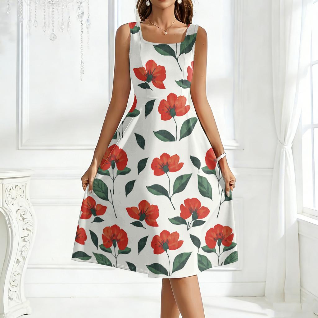 Ladies' square neck floral sleeveless dress with a large swing