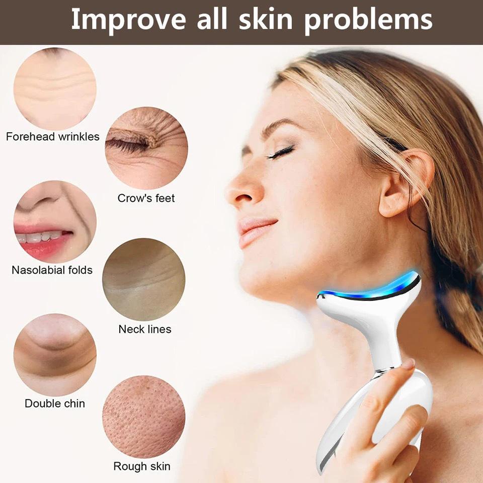 Beautiful EMS Microcurrent Neck & Face Lifting Device - Reduces Neck Lines & Nasolabial Folds, Enhances Firmness with Light Therapy.