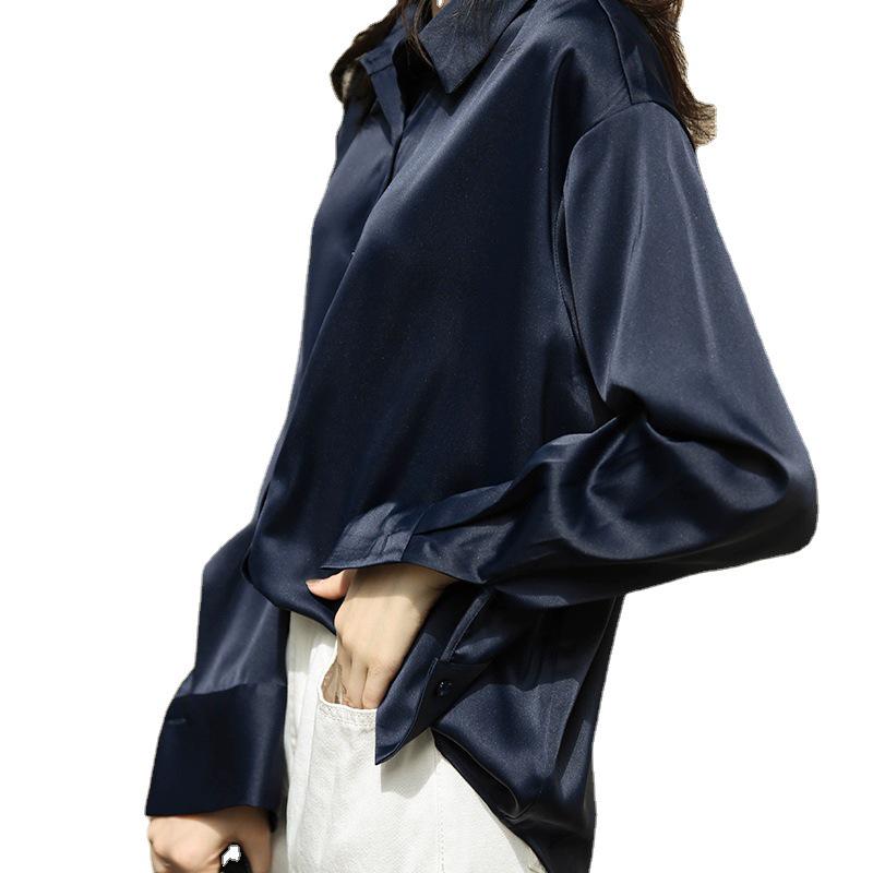 Women's Retro Hong Kong-Style White Satin Drape Shirt - Loose-Fit Korean Design