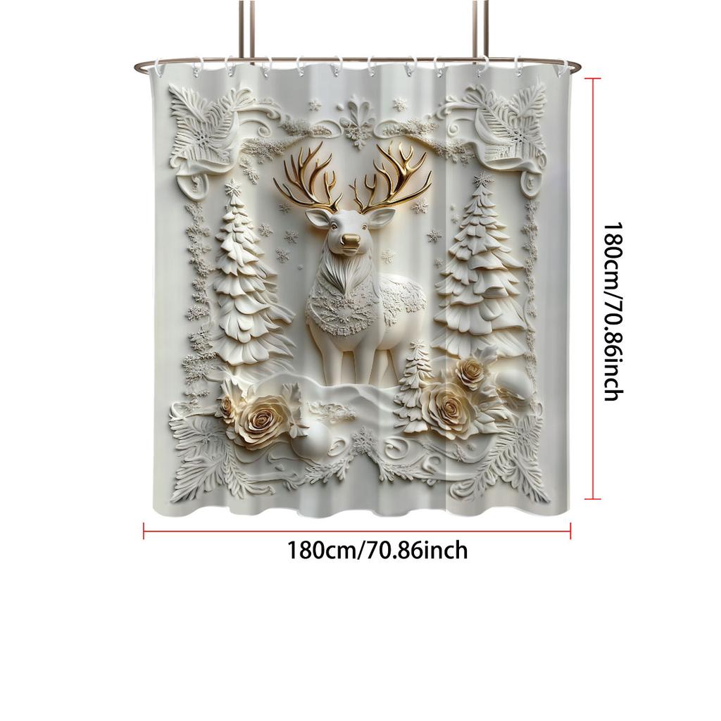 1PC Imitation Relief Christmas Reindeer Print Waterproof Shower Curtain Partition Privacy Hanging Curtain 12 Hooks Multiple Size