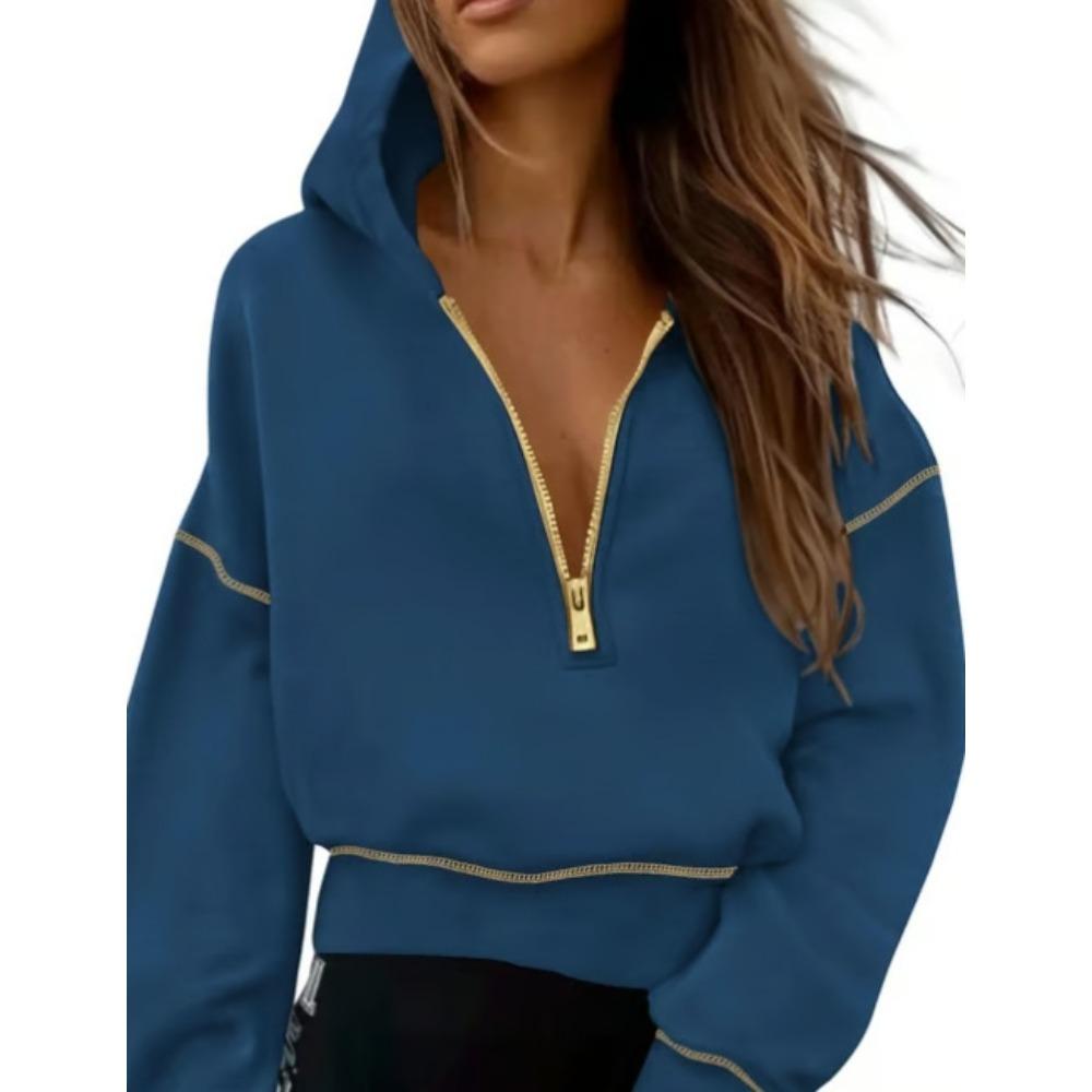 Women's Hood Neck Long Sleeve Half Zip Cropped Hoodie Loose Fit Casual Sweatshirt