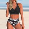 Sexy Women's Bikini Set High Waisted V Neck Two-Piece Swimsuit Beach Vacation Swimwear Printing Bathing Suits
