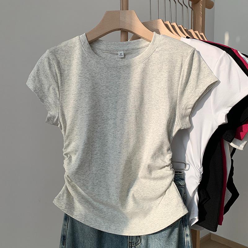 

Женская летняя футболка с прямыми плечами - короткий рукав, 92% хлопок, 8% спандекс, корейский стиль