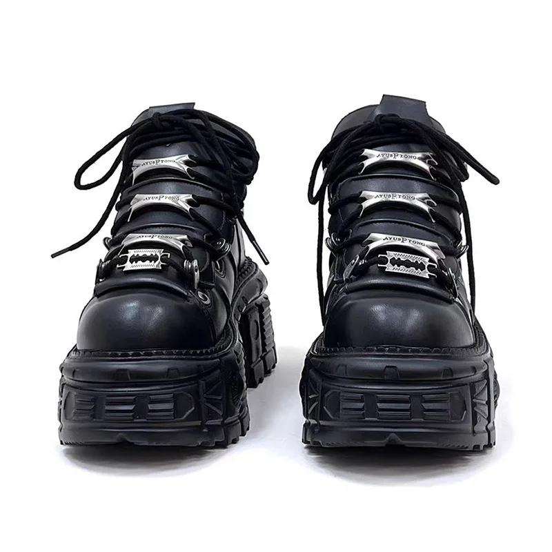 Punk Style Women Black Shoes Rock Metal Decor Lace-up Heel Height Platform Shoes Gothic Man Sneakers Women Ankle Boots