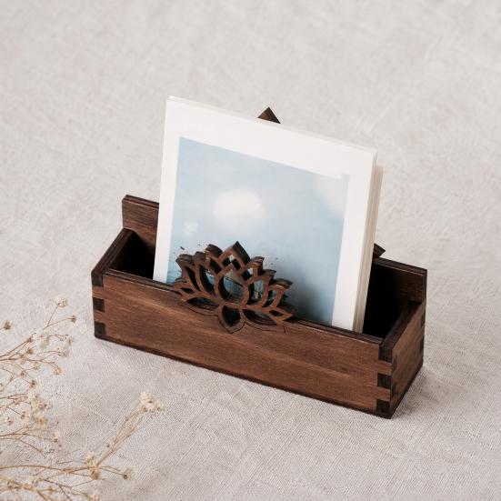 Portatarjetas de presentación de loto de madera, Estuche vintage hueco para tarjetas de visita para escritorio, Organizador de oficina rústico