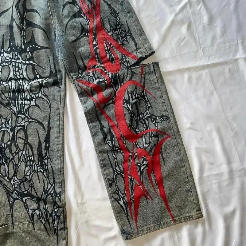 Harajuku Gothic Spike Print Women's Jeans Hip Hop Ripped Wide-leg Jeans Y2k Baggy Denim Pants Autumn Retro Cool Streetwear