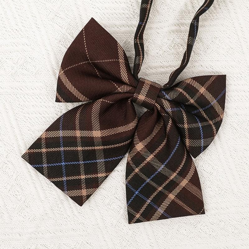 Brown Checkered Striped Neck Tie Pre-Tied Bowtie for Japanese JK School Uniform