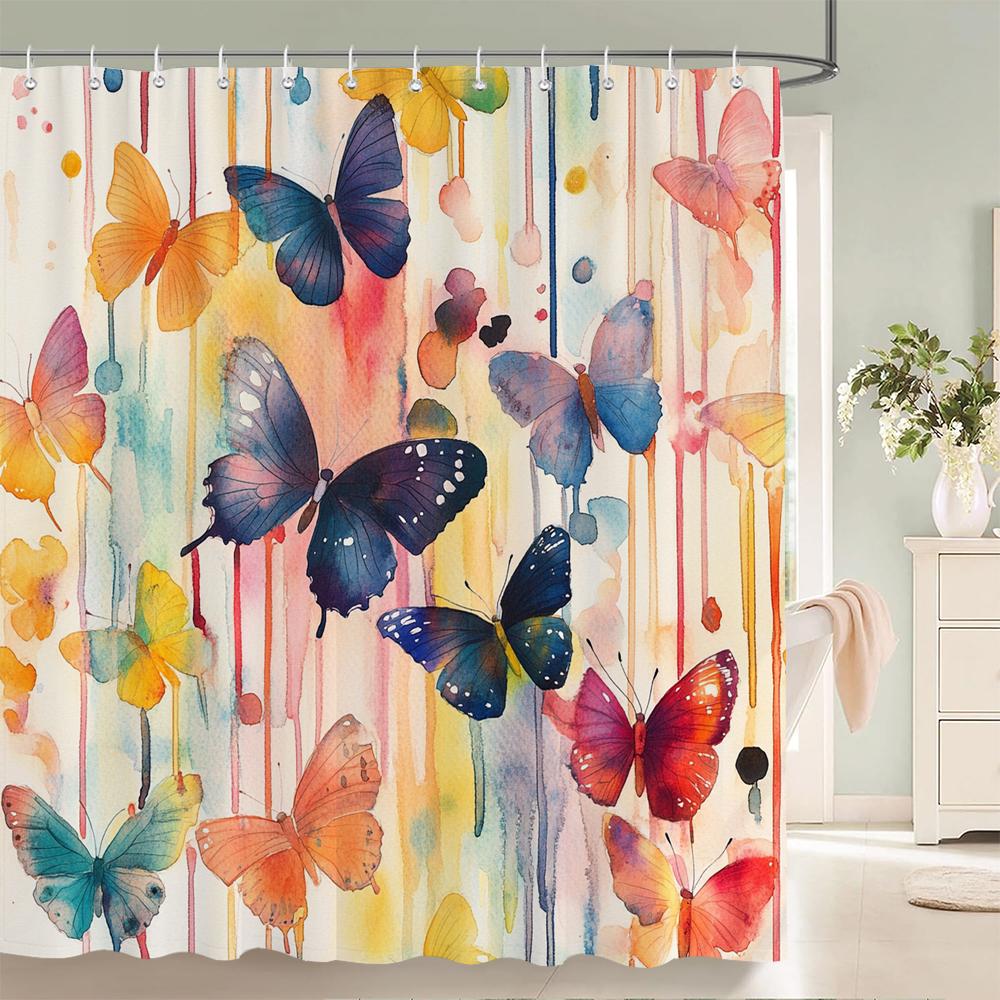 Colorful Butterflies Shower Curtain For Bathroom Floral Romantic Plant And Flowers Decorative Shower Curtains With Hooks