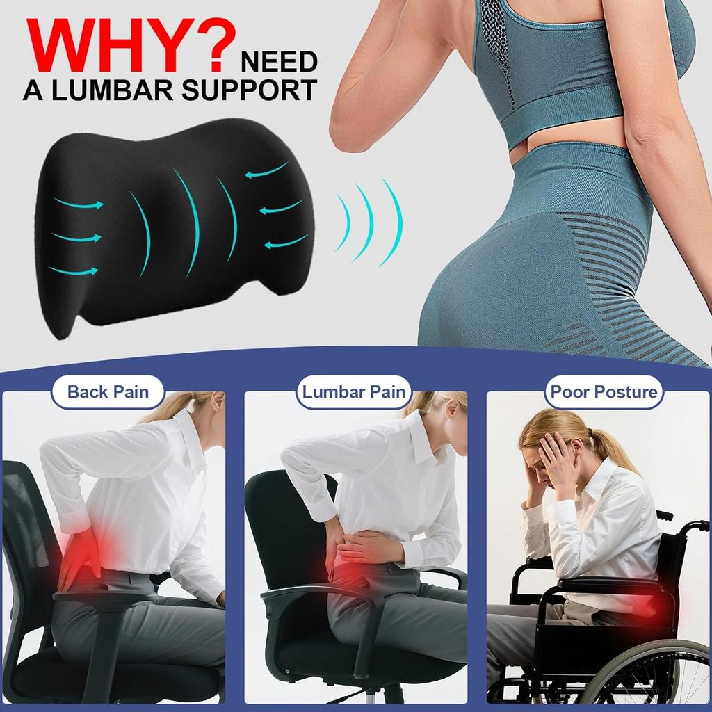 BYMECOST Lumbar Support Pillow For Car, Memory Foam Car Seat Back Support Pillow For Driving, Back Cushion With Strap For Pain Relief, Ergonomic Back