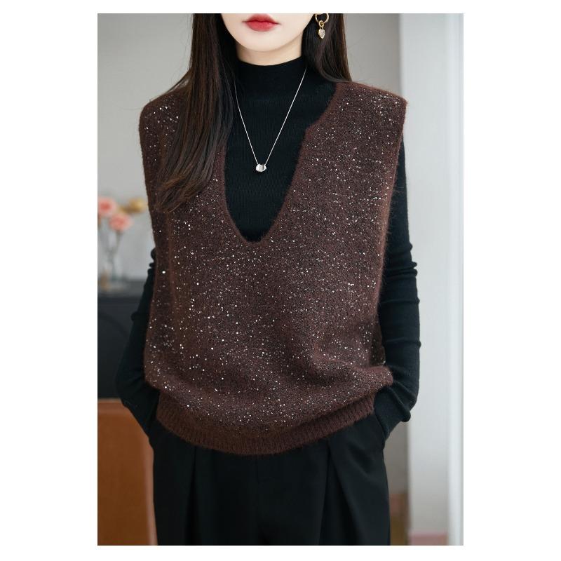 French Style V Neck Sequin Sleeveless Knit Vest Women Casual Layering Top