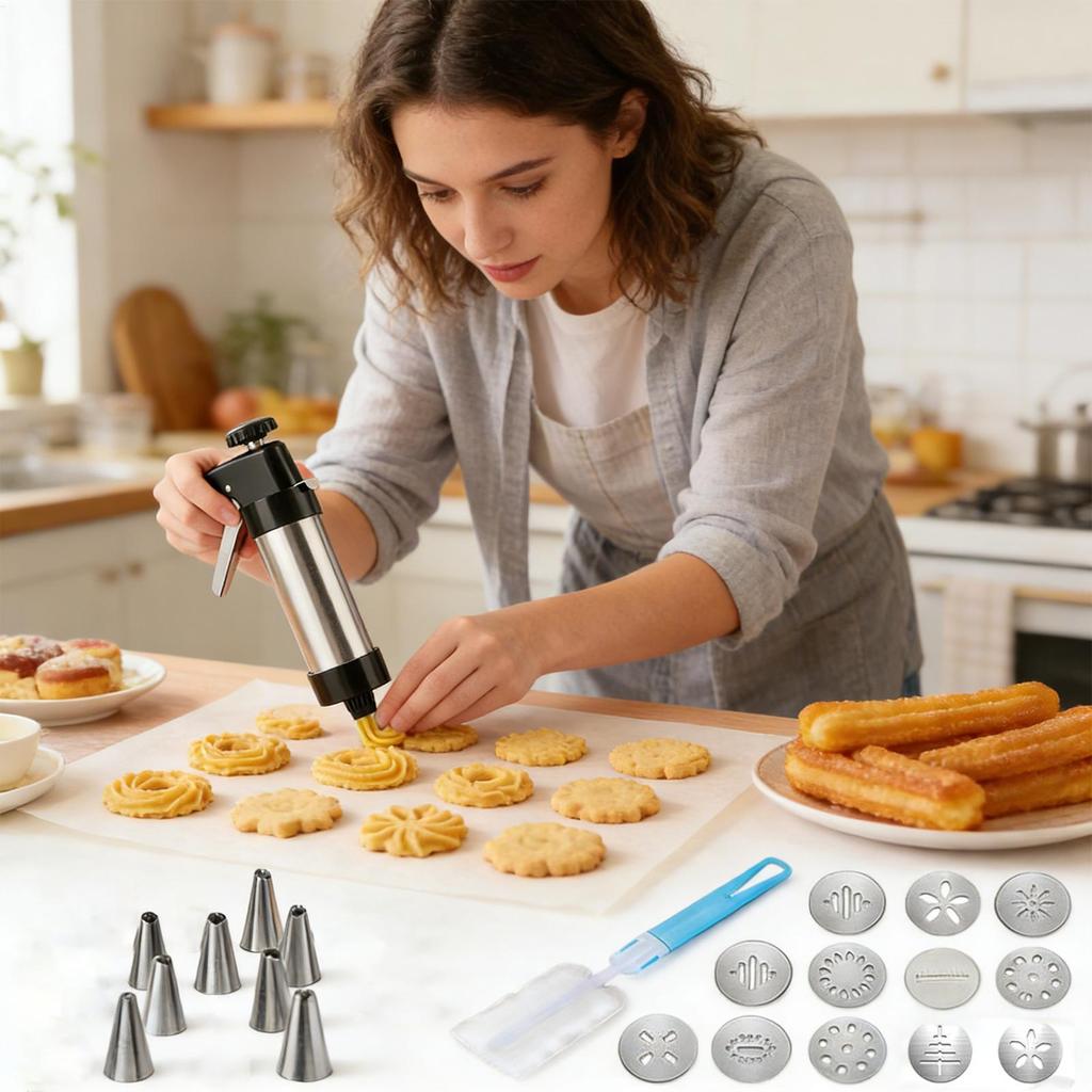 Stainless Steel Cookie Press Kit With 13 Discs & 8 Tips, Dough Mold For Baking Decorating Gingerbread, Holiday Cake Pancake Make