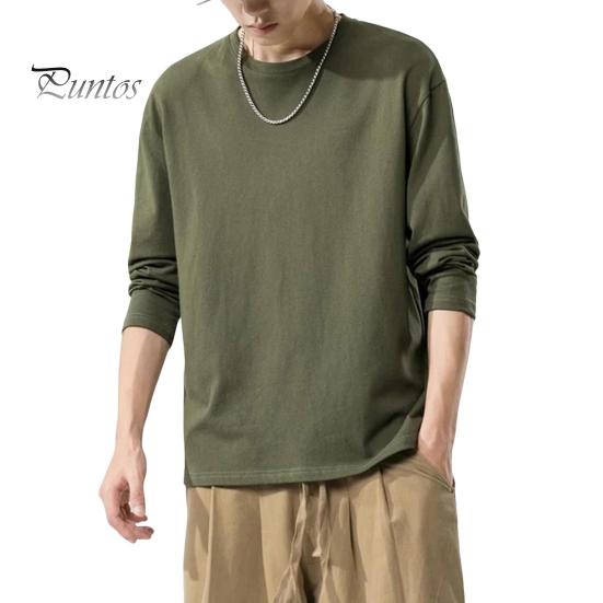 Herrenhemd Rundhals Langarm Weiches Atmungsaktives T-Shirt Einfarbig Lockere Passform Frühling Sommer Casual Tops