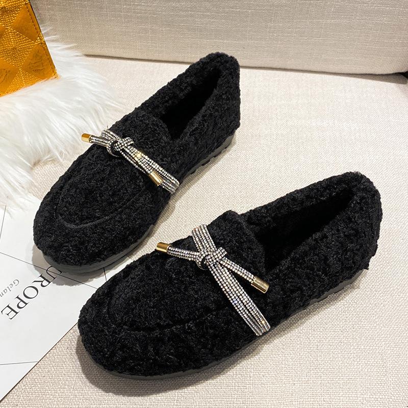 Fashion Luxury Crystal Bow Decoration Brand Designer Shoes Comfortable Flurry Loafers Women Winter new Warm Non-slip Flat Casual Shoes