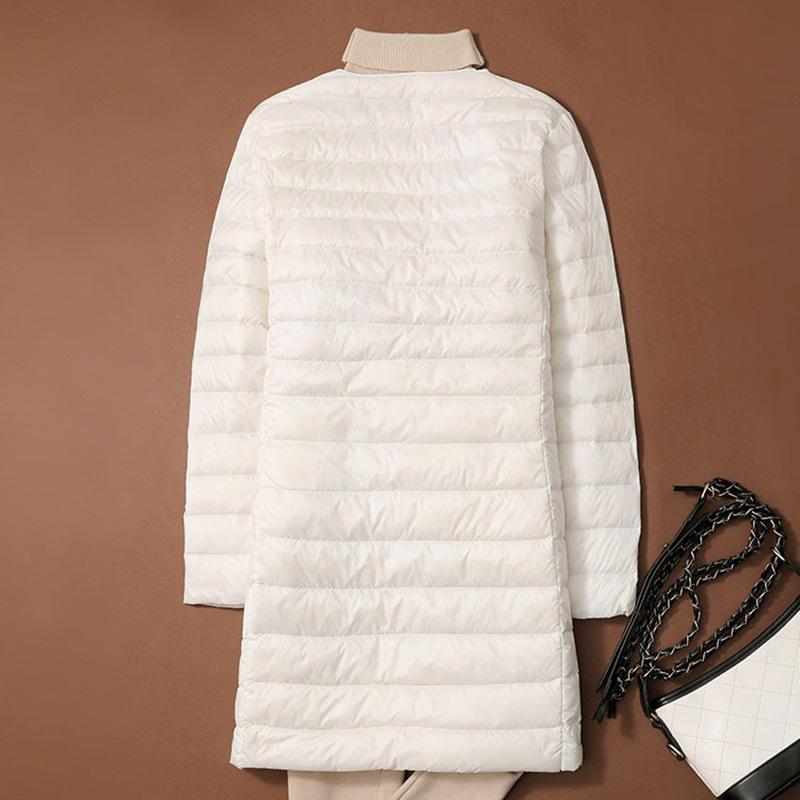 Large size light and thin down jacket women's medium and long autumn and winter warm round neck hidden button thin casual liner jacket tide
