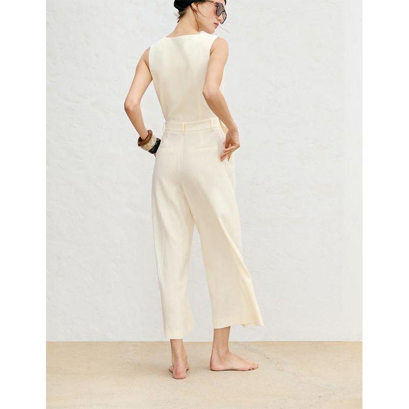 Summer New Product Women's Clothes Pleated Design V Neck Sleeveless Linen Blended Long Vest Jumpsuit 3344709