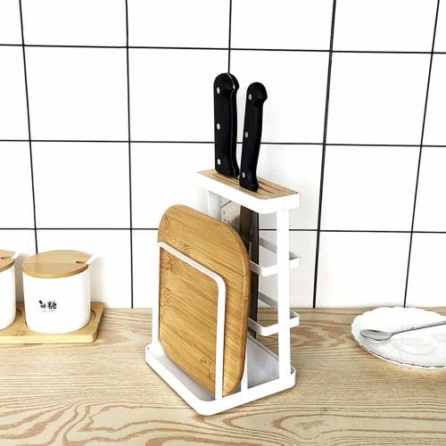 VANRA? Cutting Board Stand, Knife Stand, Iron, Holds Drainer, Cutting Board, Pot Lid, and Wooden Knife Holder (White, with Tray)
