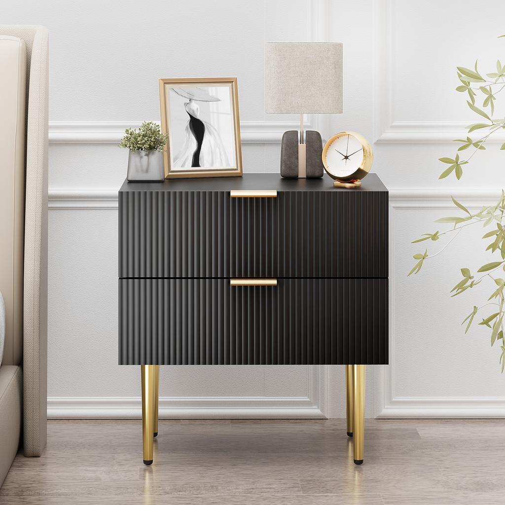 Black Nightstand with Wave Pattern and 2 Drawers, Bedroom Nightstand, Modern Nightstand with Metal Legs, 1 Piece