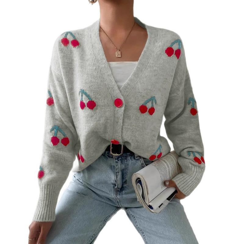 Women S Casual Cherry Pattern Knit Cardigan V Neck Loose Fit Button Detail Sweet Sweater