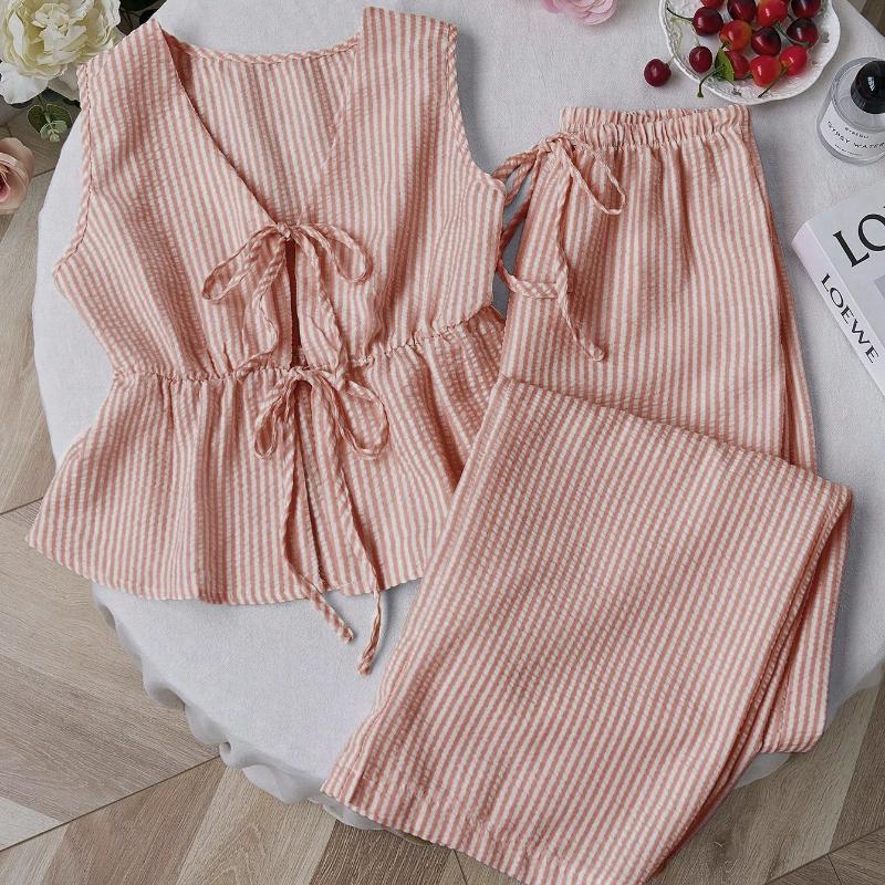 Summer Two Piece Set Women Striped V Neck Lace Up Sleeveless Blouse High Waist Wide Leg Pants Suits Sweet Casual Tracksuits