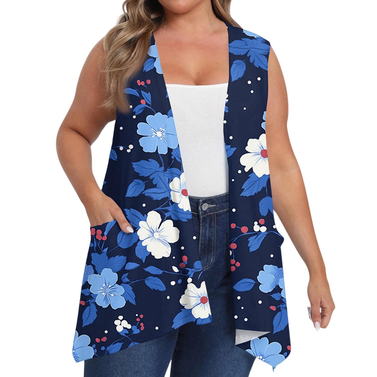 

Women s Oversized Loose Casual Printed Sleeveless Vest With Pocket Cardigan Jacket Cardigan Jacket XXXL синій
