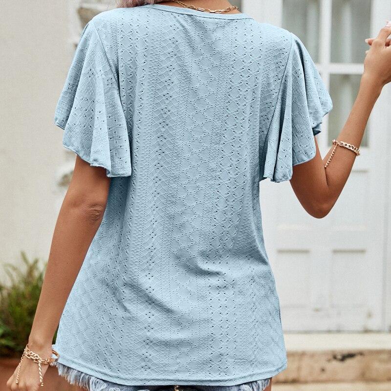 Butterfly Sleeve Loose Women T-Shirt 2023 Summer Solid Hollow Ruffled Casual Tshirts Woman Fashion Round Neck Tees Tops 25978
