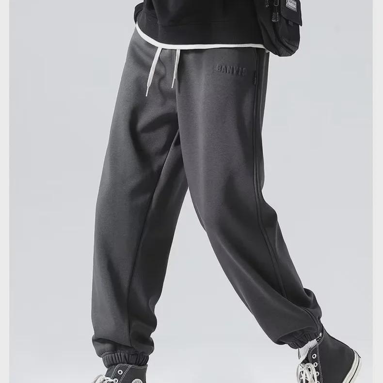 Men's Heavy Brown Velvet-Lined Sweatpants: Loose, Drawstring, Trendy, Large Size, Spring & Autumn Casual Sportswear.