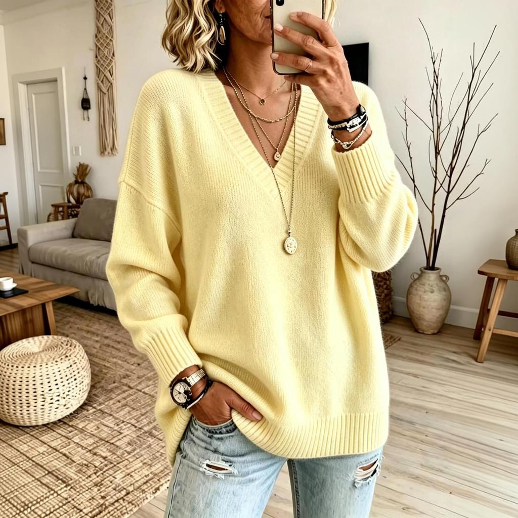 Women's Loose Fit V-Neck Knit Sweater Casual Versatile Top for Everyday Wear