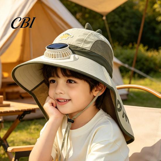 Dinosaur Fishing Hat for Kids Sun with Solar Fan, Wide Brim UV Protection Beach Babies Neck Flap, Summer Cap Boys Girls Camping
