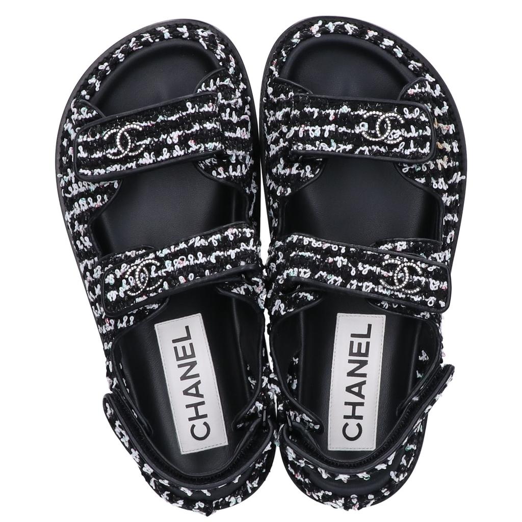 CHANEL G35927 CC Logos Tweed/Leather Flats shoes 36C blackUsed