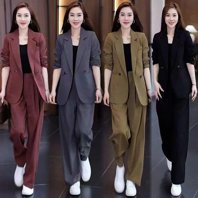 Traje de Pantalón para Mujer de Corte Holgado, Blazer de Manga Larga, Cintura Elástica, Pantalones de Pierna Ancha, Elegante Traje de Oficina de Dos Piezas a Juego