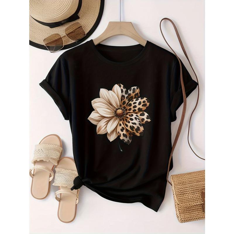 European Size Women's Short Sleeve T-Shirt with Leopard-Spot Floral Print Round Neck Blouse -Suitable for Travel, Vacation & Everyday Outfits