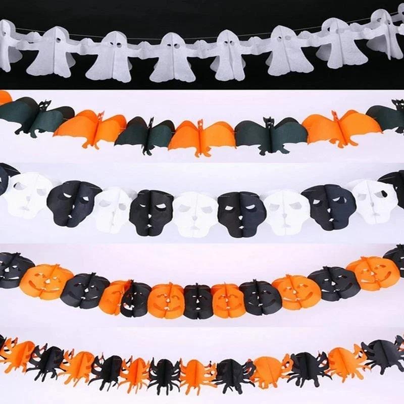 Halloween Banner Decoration Set with Honeycomb Pumpkin Paper Flower Skeleton Bat Spider Flag for Bar Party Room Scene Decor Use