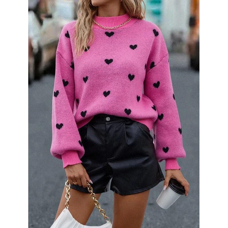 Pullover Women Loose Jumper Long Lantern Sleeve Knitwear Female Autumn Embroidery Heart Women Sweater